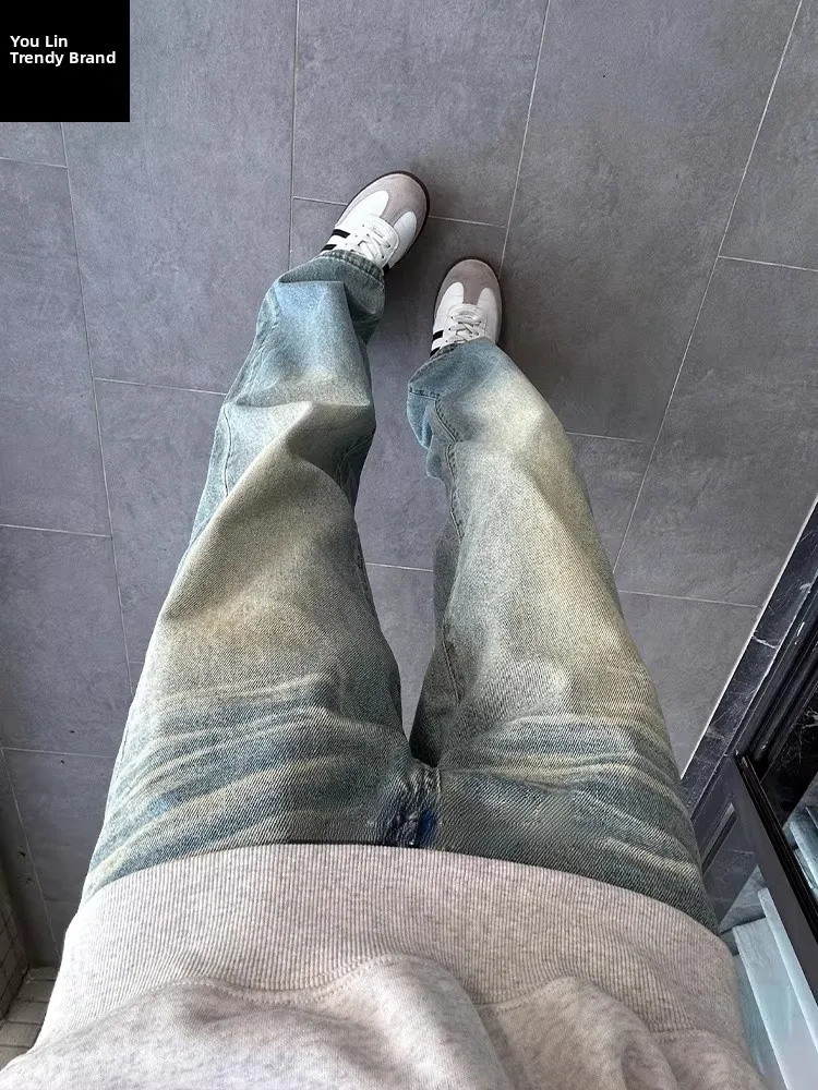 

Retro Blue Knife Men's Jeans Spring Autumn Straight CleanFit Pants American Sle Bell Bot Workwear Trousers