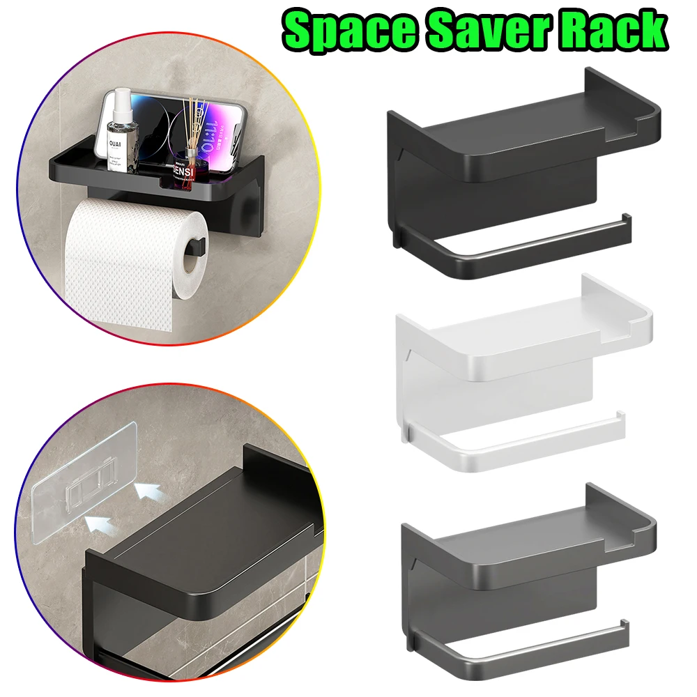 No Drill Toilet Paper Holder Wall Mounted With Shelf And Phone Stand For Bathroom Over Toilet Storage Space Saving Solution