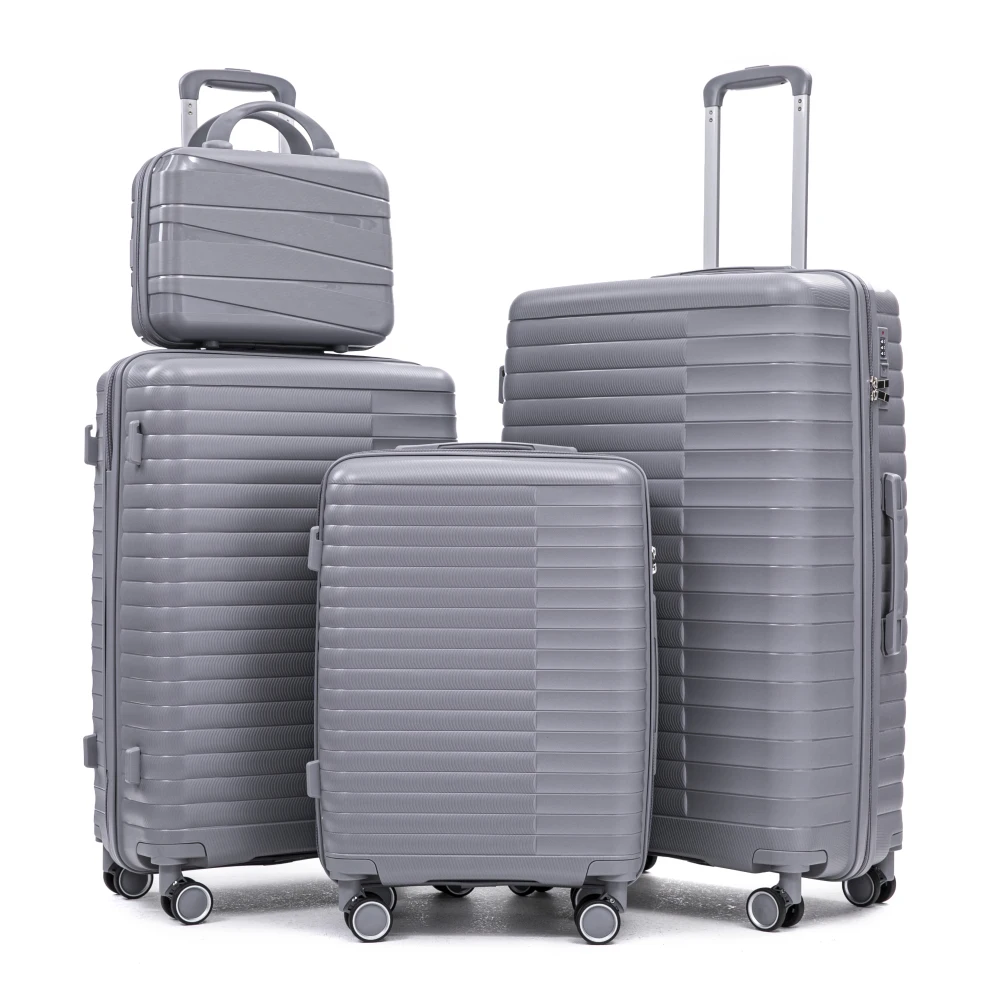 

4 Pcs Luggage Set 14/20/24/28 Inch, Hard Shell PP Suitcase, Iron Pull Rod, TSA Lock, 14" Cosmetic Case, Light Gray