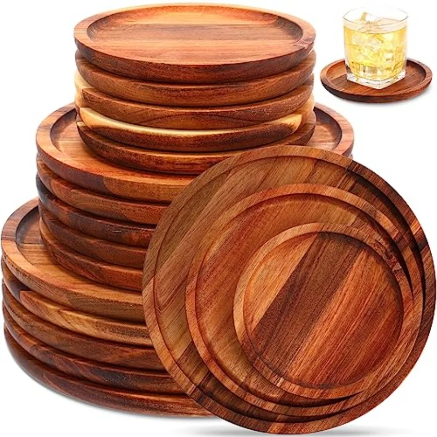 

Set of 15 Acacia Wood Charger Plates Round Wooden Dinner Platters Cheese Charcuterie Boards Bulk Food Serving Trays for Snack D