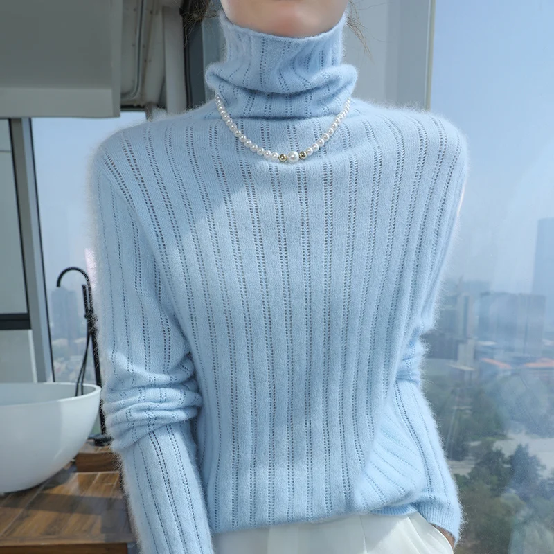 Pull en cachemire de vison pour femme, col haut, tricoté, mode, ajouré, Base chaude, chemise ample, revers épais, automne hiver 100%