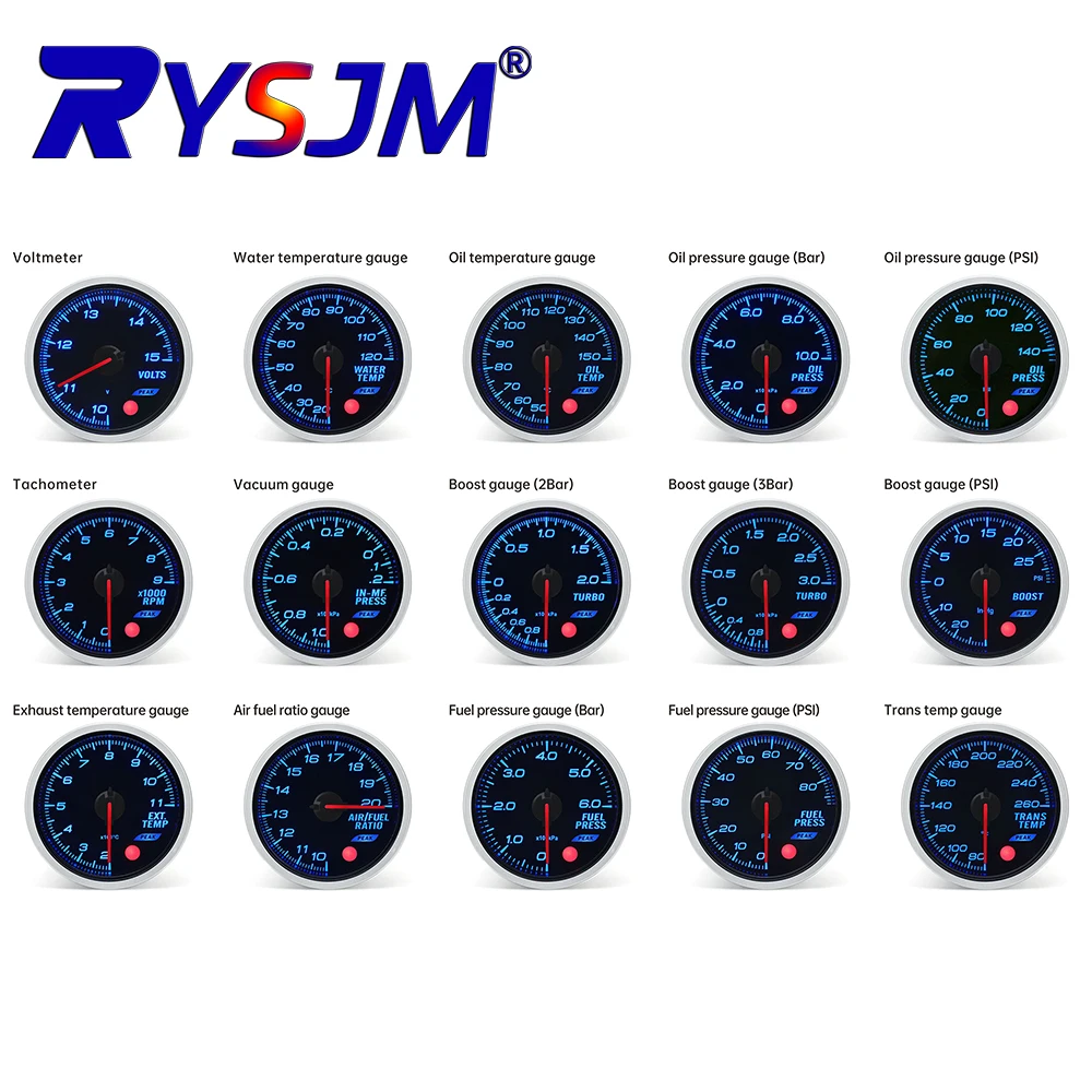 

52mm Car Pointer Gauge Oil Press Boost Gauge BAR PSI Turbo Pressure Water Temp Oil Temp Air Fuel Ratio Gauge Voltmeter