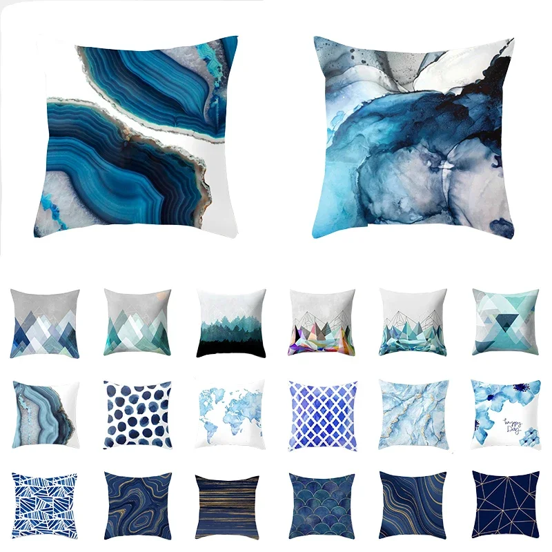 Modern Geometric Cushion Cover Art Blue Marble Print Pillowcase Car Sofa Office Waist Throw  Home Decor Short plush material