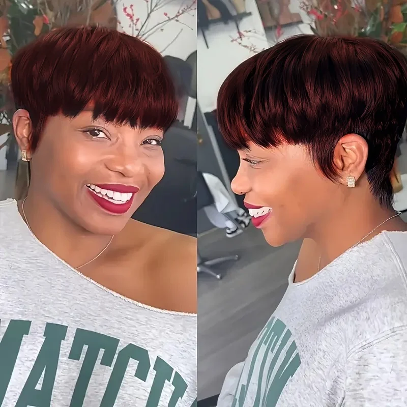 여성용 짧은 픽시 컷 가발 인모 머리카락 앞머리가 있는 기계 제작 가발