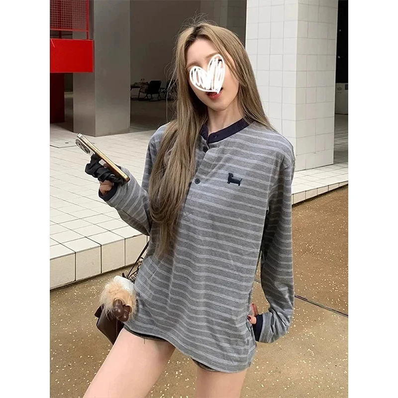 المرأة طويلة الأكمام التي شيرت الكلية الأمريكية نمط الرجعية التباين المشارب فضفاضة تناسب جولة الرقبة عارضة رقيقة أعلى الخريف تنوعا
