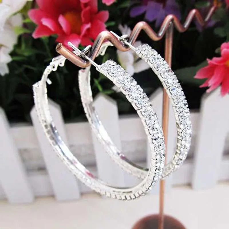 Sparkling Crystal Rhinestone Hoop Earrings for Women Silver Color Big Round Circle Statement Wedding Earrings Prom Gift