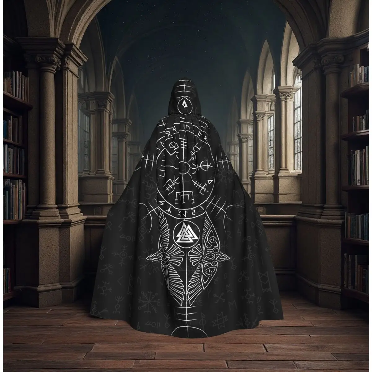 

Viking Rune Triangle Design And Norse Symbols Long Hooded Cloak Witch Medieval Costume Cosplay Cape HalloweenVampire Unisex