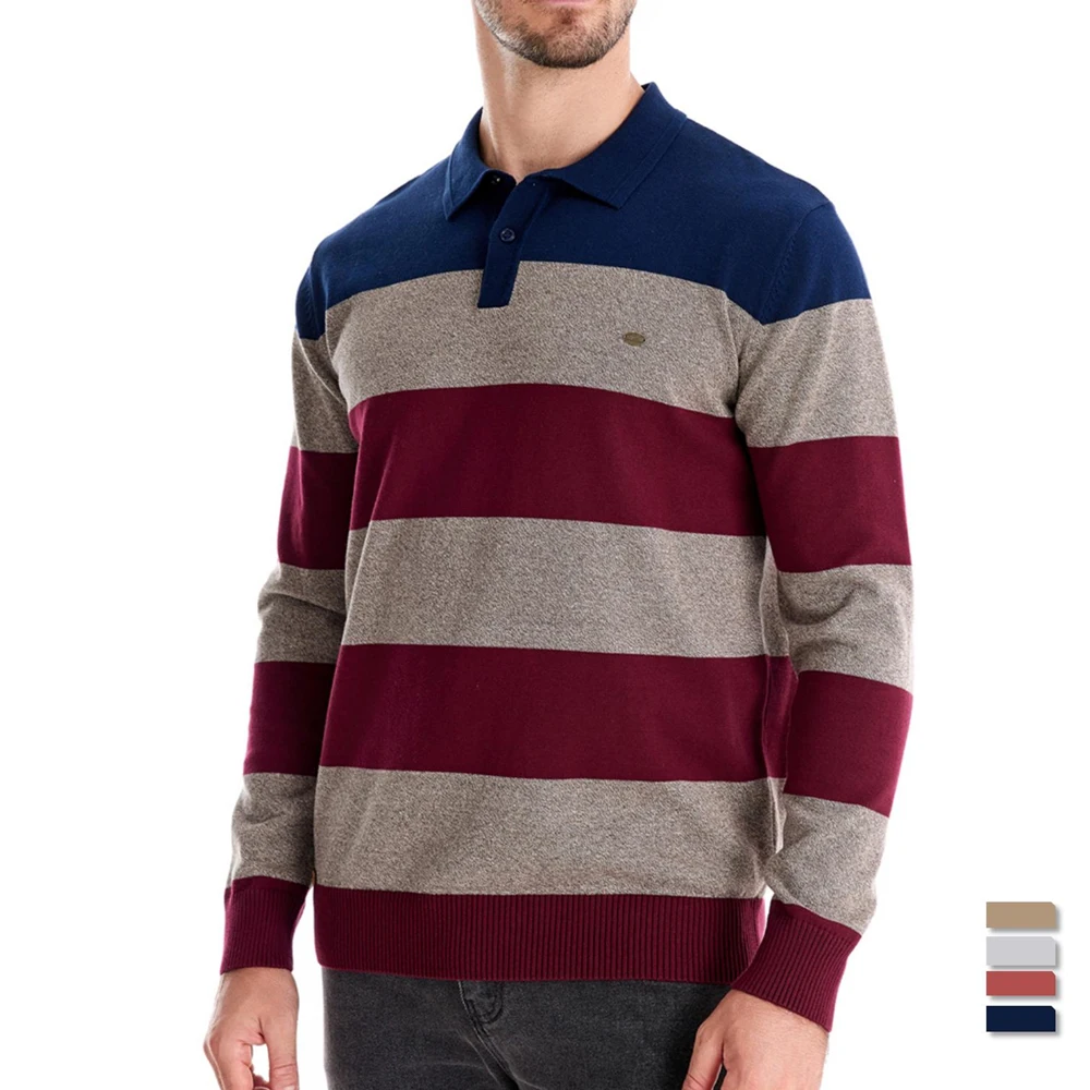 AIOPESON Mens Strip Cotton Button-up Polo Collar Sweater Knit Casual Business Sweaters for Men