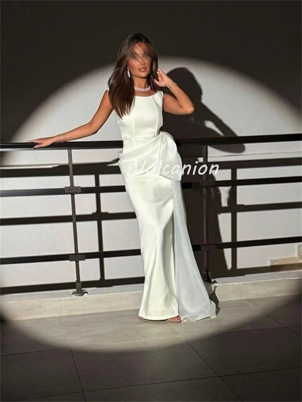 Customized Modern Style High Quality Organza Pleat Bow Straight Scoop Neck Long Dresses Bespoke Occasion Dresses Sizes Available