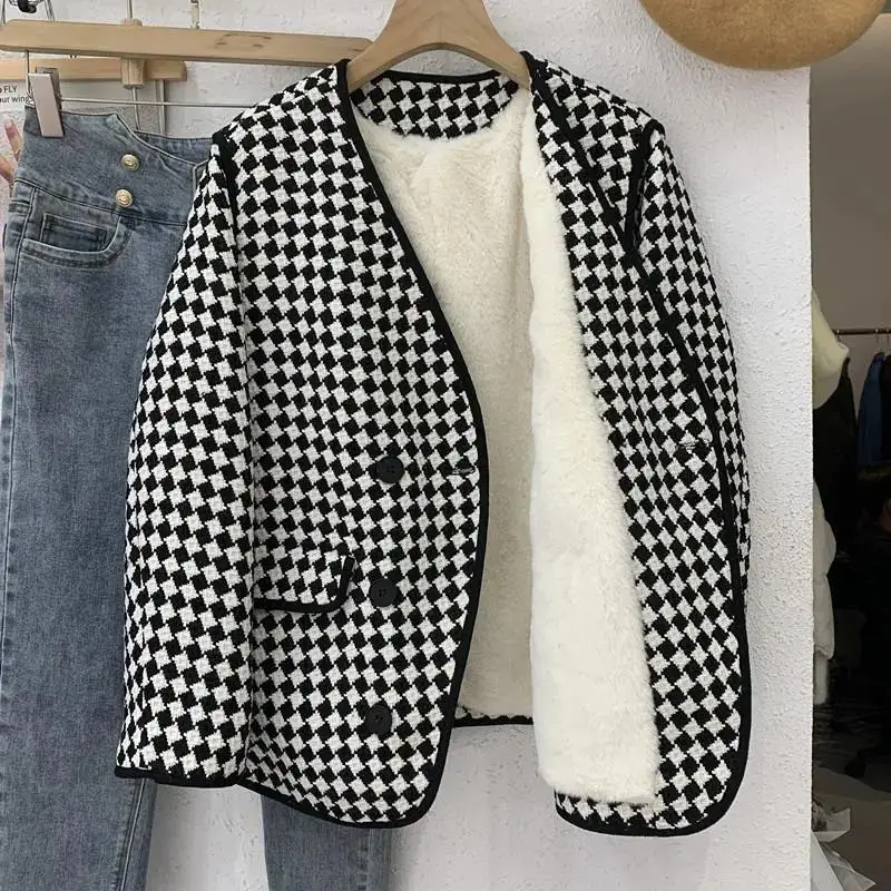 Thousand-Grid Add Velvet Jacket Padded Warm Coat Women's 2023 Winter New Loose Lambswool Liner Plaid Overcoat Lady Clothing Tops