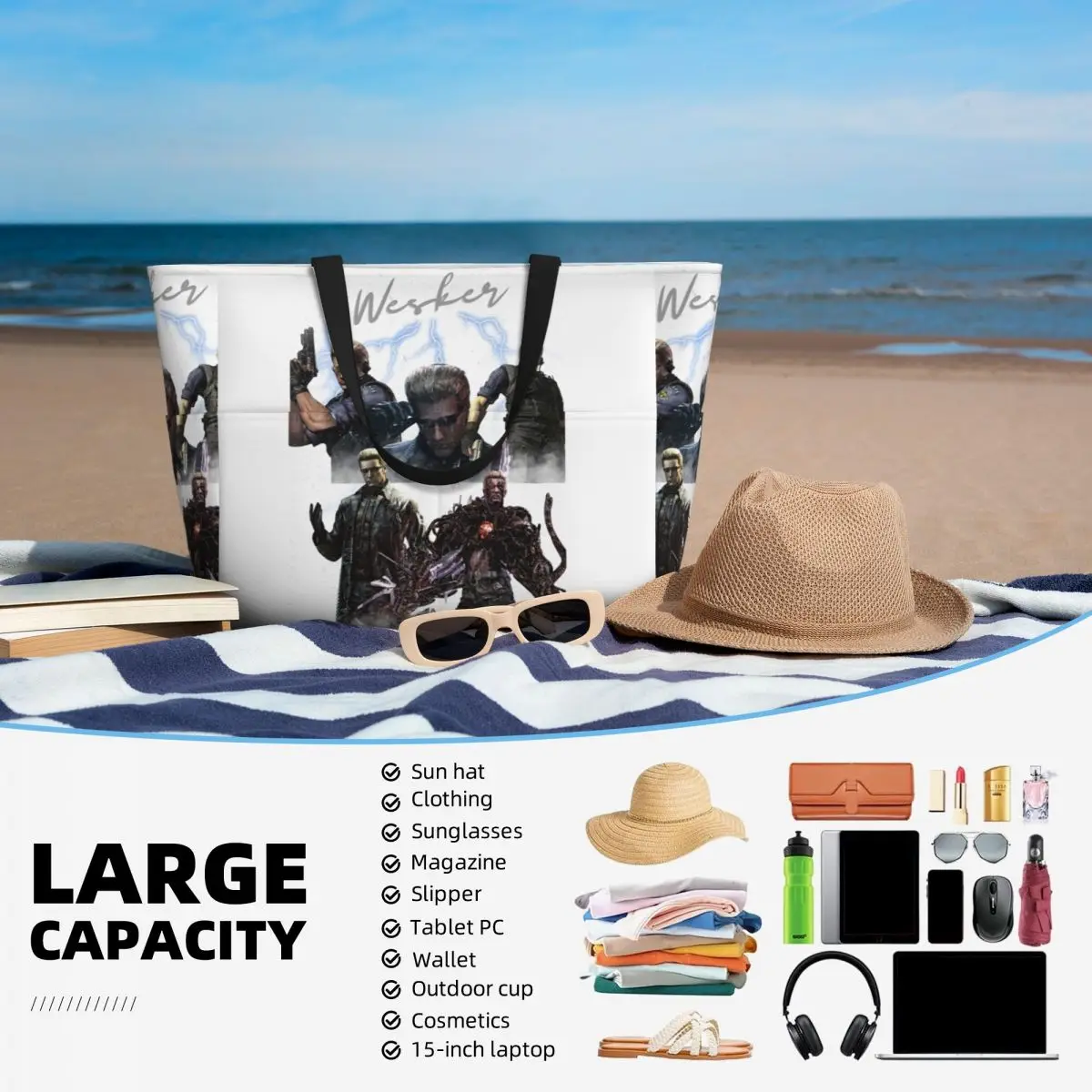 Albert Wesker Collage Beach Tote Bag Sport Gym Yoga Duffle Large Tote Bag Women Travel Bag Fitness bag