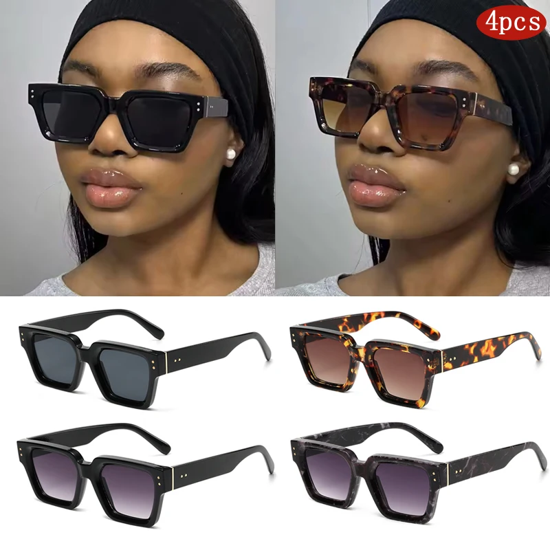 

4pcs Fashion Women Simple Square Sunglasses Vintage Brand Gradient Color Rivet Sunshade Mirror Outdoor UV Protection Shades