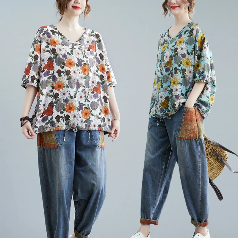 

Футболка большого размера из хлопка и льна с принтом V-Ne Five-Quarter Sve Повседневный летний топ с завязками на талии для женщин