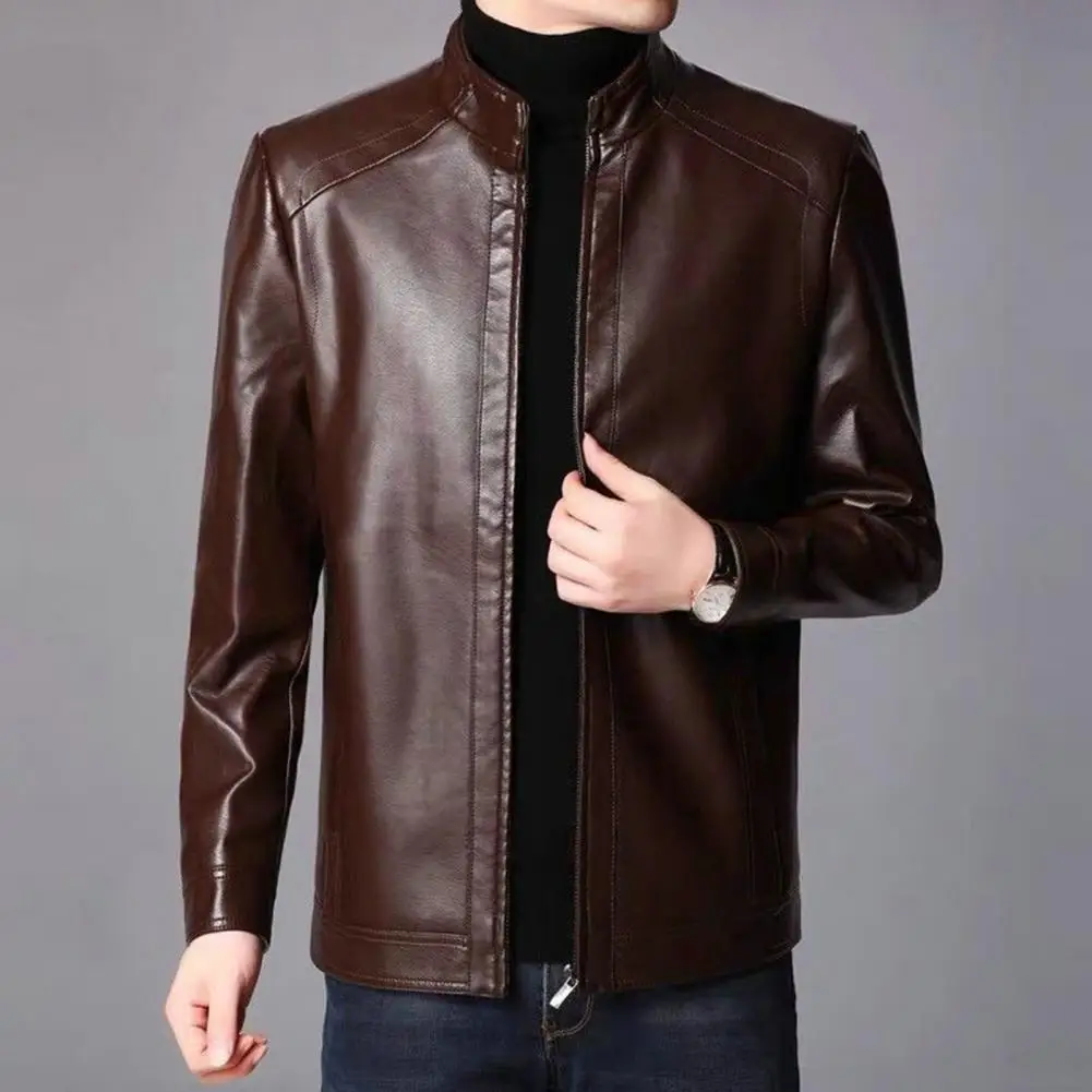 Men Jacket Faux Leather Solid Color Stand Collar Thick Warm Long Sleeve Motorcycle Windproof Jackets for men chaquetas hombre