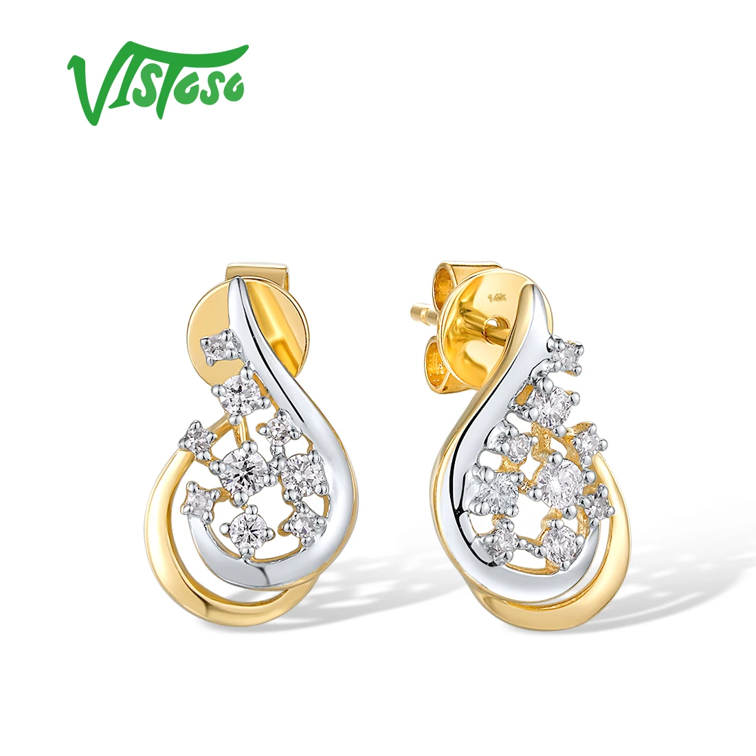 VISTOSO Real 14K 585 White Yellow Gold Stud Earrings For Women Sparkling Diamond Delicate Wedding Anniversary Gifts Fine Jewelry