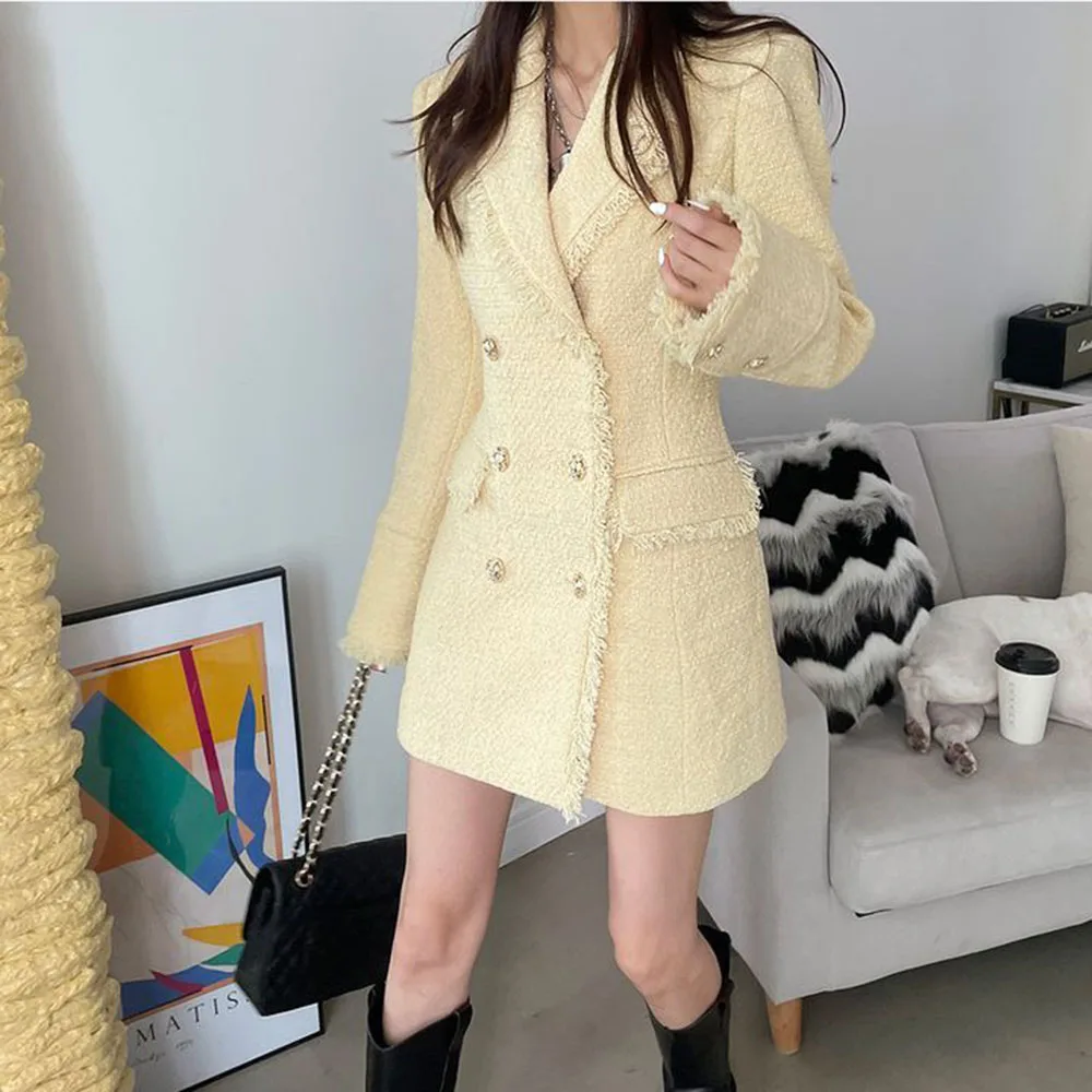 Tassels Pocket Bouble-Breasted Women Long Tweed Suit Dress Coat Long Sleeve Winter 2022 New Elegant Fashion Vintage Lady Jacket