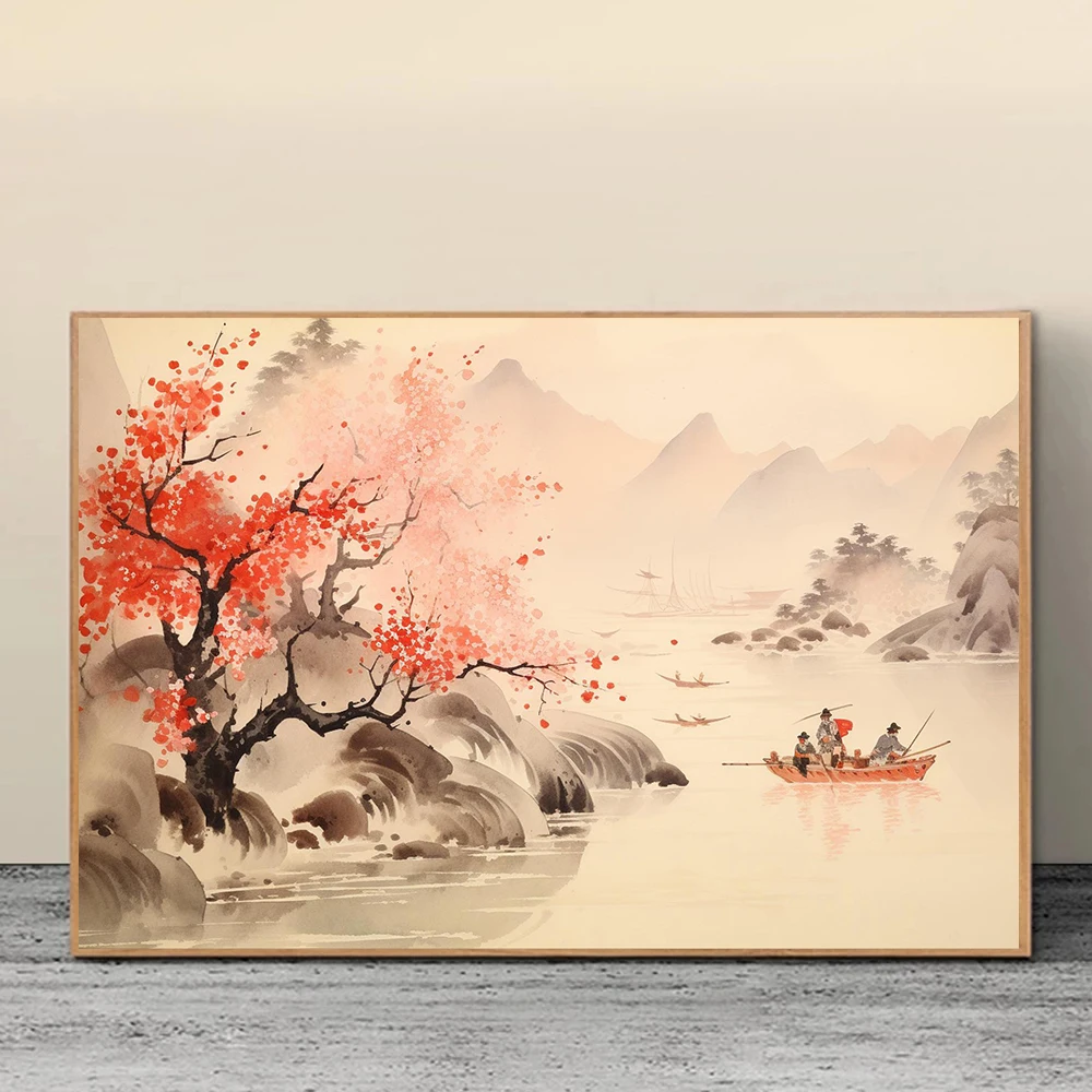 Japanese Cherry Blossom Waterfall Canvas Painting Print Landscape Sakura Tree Poster Wall Art Picture for Living Room Home Decor