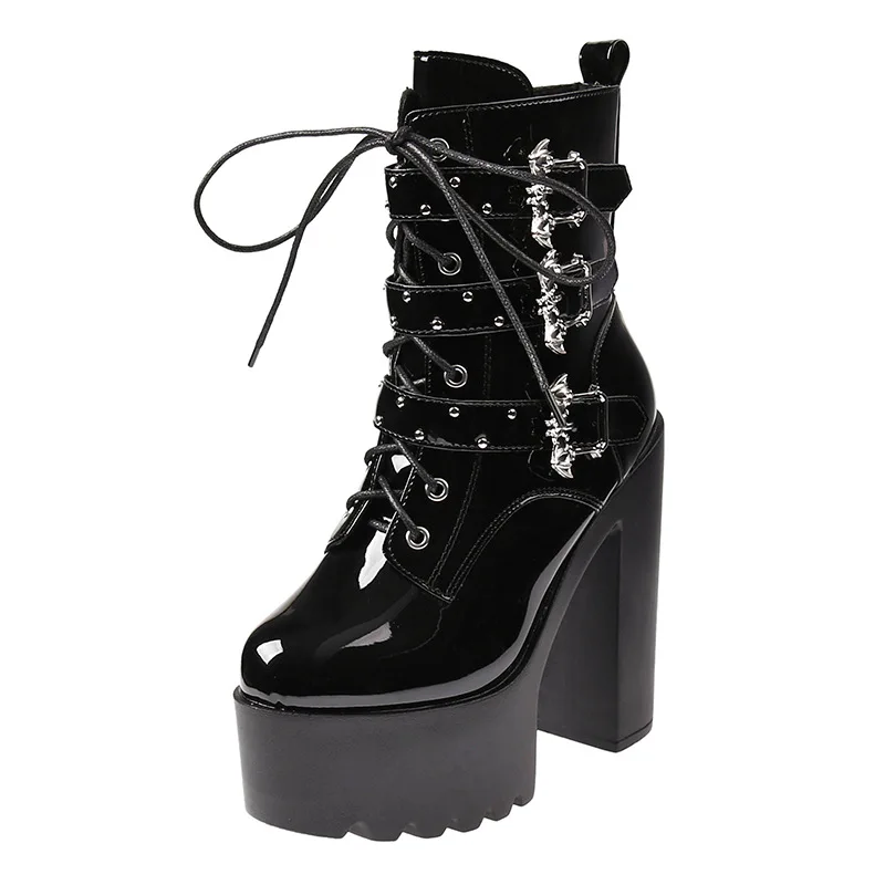 

New 14cm Winter Fashion Sexy Platform Lace Up Belt Buckle White Black Thick Sole High Heel Short Boots Women Party Dance Shoes