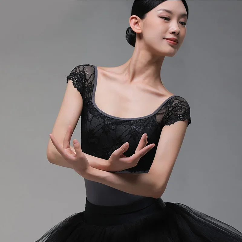 U Back Splice Lace Ballett-Trikot für Mädchen, schwarze Tanzbekleidung, Ballerina-Übungskleidung für Damen, ärmelloser Gymnastik-Yoga-Bodysuit
