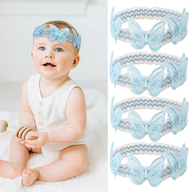 Oaoleer Blue Lace Butterfly Headband Mesh Butterfly Hairband for Baby Girl Soft Elastic Nylon Hair Band Toddler Hair Accessories