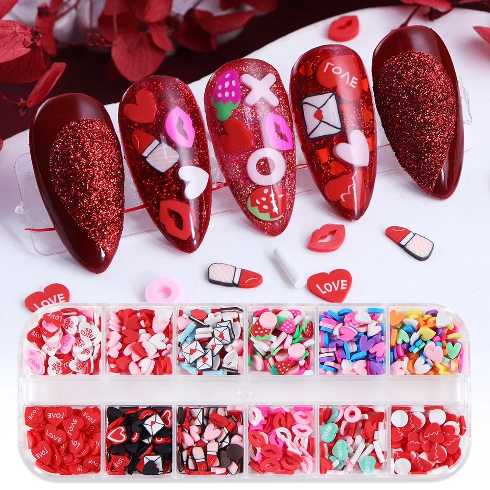 12 Grids Nail Art Accessories Lipstick Envelope Lovely Design Soft Pottery Flakes Nail Charms 3D Valentine's Day Nail Decoration