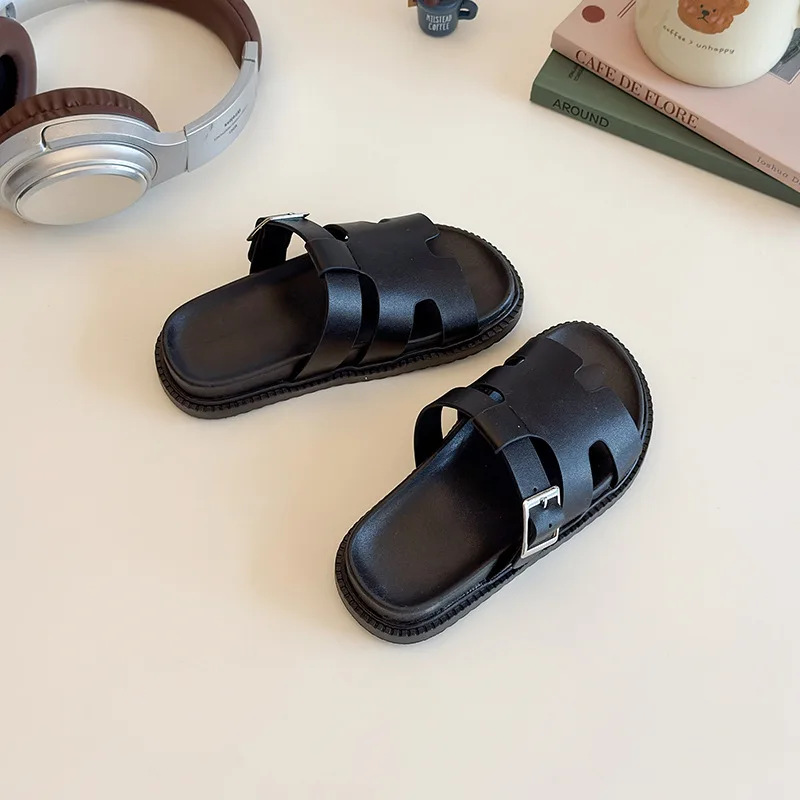 

Non-slip Slippers Round Head Metal Buckle Decorative Casual Beach Slippers Children's Flat Slippers Summer Girls'