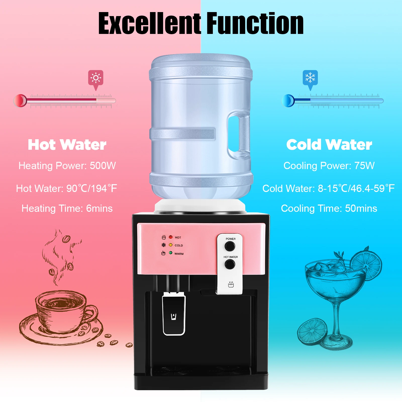 500W Hot & 75W Cold Water Dispenser, Stylish Rose Gold, Quick Cool/Heat, Anti-Dry Burn, Lightweight 5.86lbs, Easy Move, US Plug