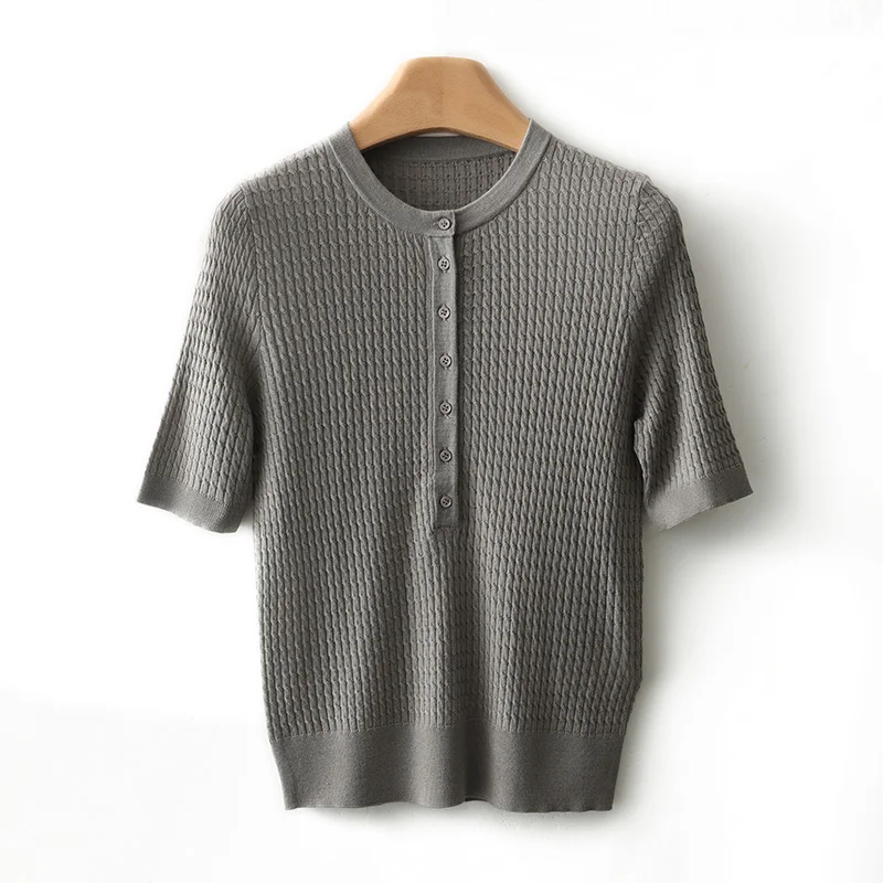 Women\'s T-Shirt Summer Worsted Wool Knitted Sweater Short Sleeve Casual Round Neck Ladies Tops Fitted Blouse Pullover Tees