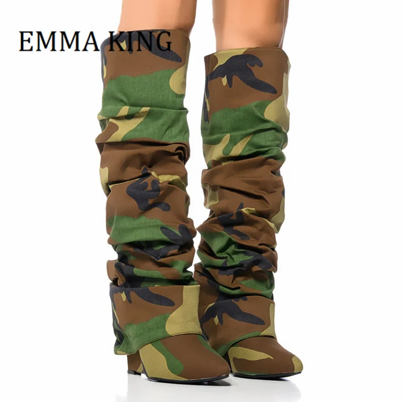 

Autumn Winter Women Camouflage Boots Faux Leather Foldover Mid Calf Wedge Heel Boots Sexy Pointed toe Pull-on Scrunched Shoes