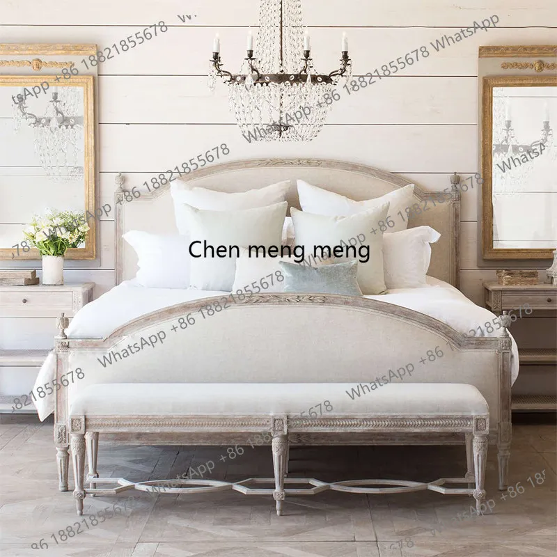 

American solid wood carving flower double bed, soft bag master bedroom, retro old bed whole house