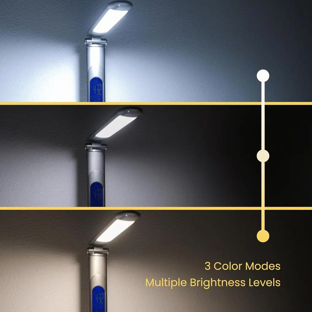 Dimmable LED Desk Lamp with Qi Wireless Charger, 10W Fast Charging, Motion Sensor, Calendar, Alarm Clock, USB Port - Compatible