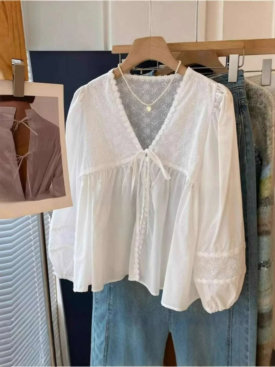 

Женская осенняя свободная модная блузка с V-образным вырезом и рукавами-фонариками из полиэстера