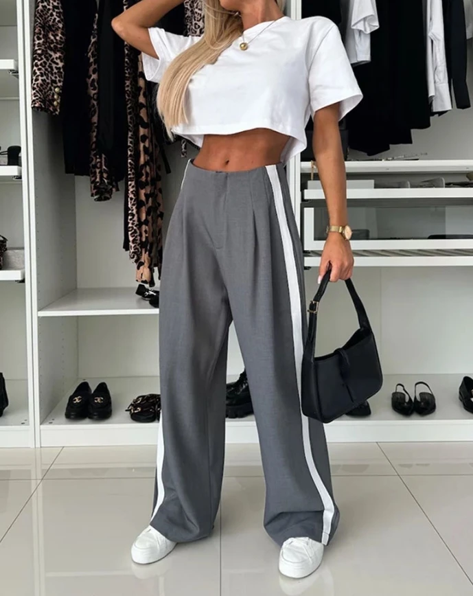 Calça feminina de perna larga, cintura alta, calça feminina elegante, de fundo casual, terno da moda, 2025