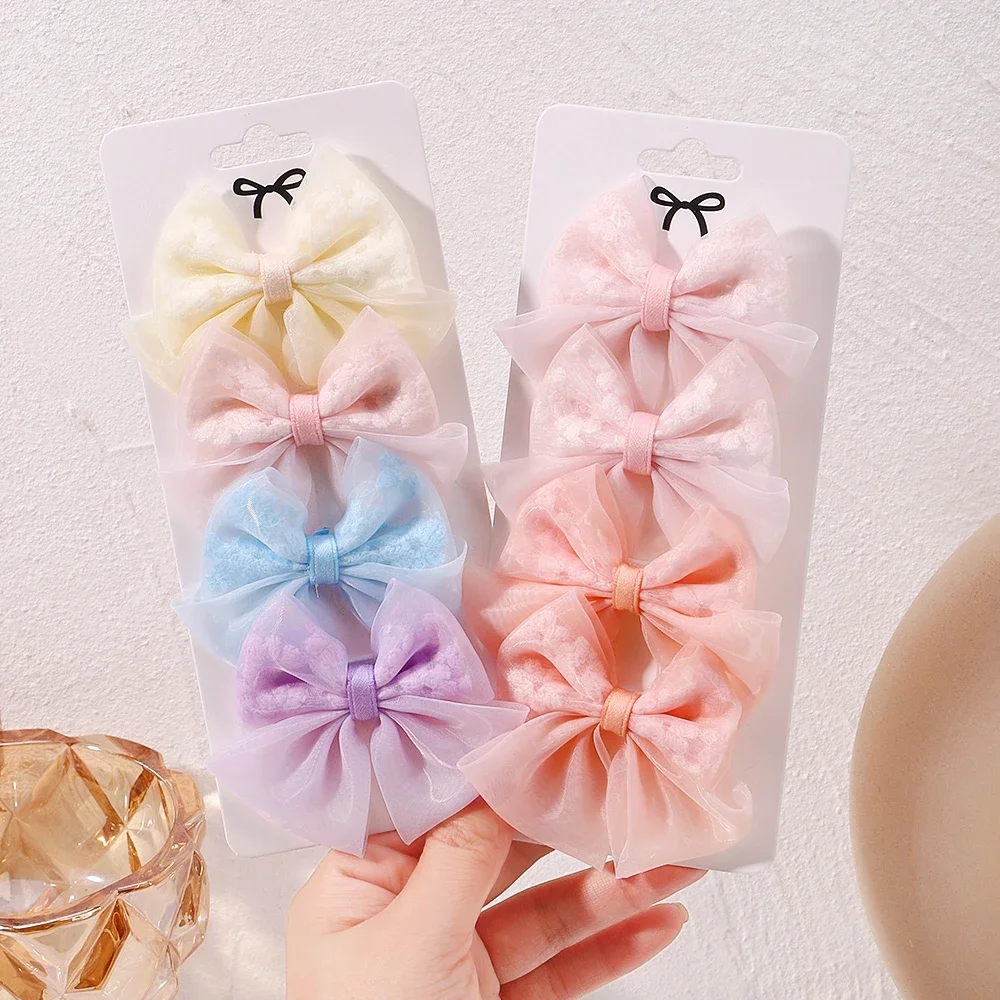 4Pcs/set Princess Cheer Bowknot Hair Clips for Girl Sweet  Gauze Handmade Hairpins Children Hairgripes Delicate Kids Headwear