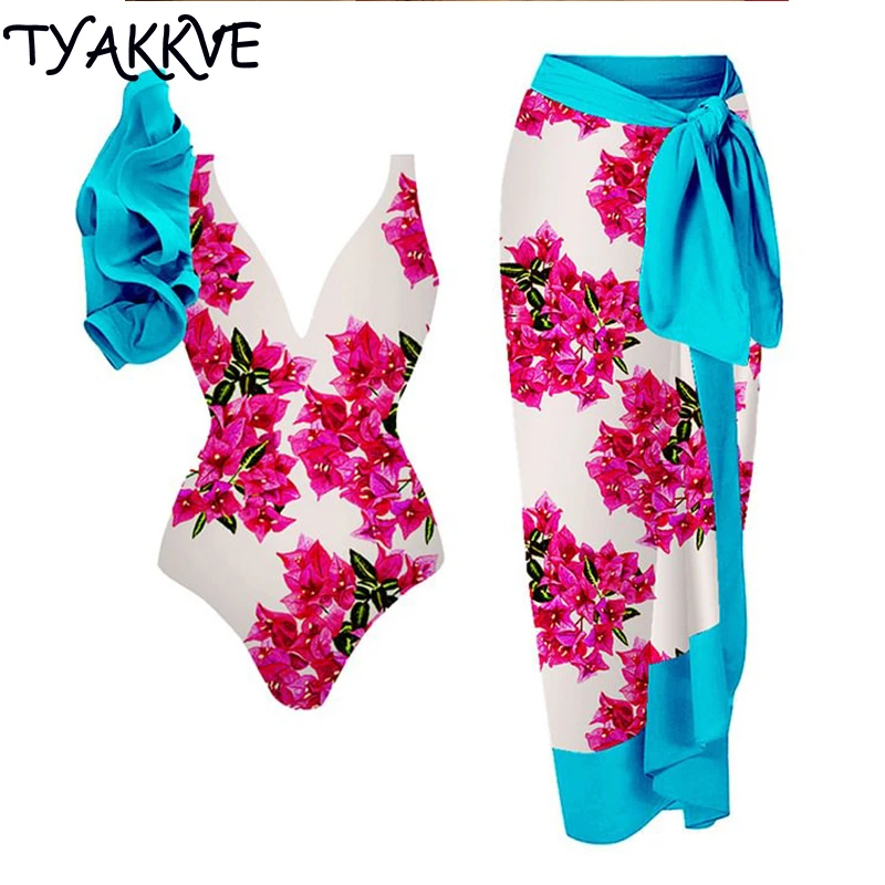 TYAKKVE 2024 Bandage Swimsuit One-piece Sexy Swimwear Woman Skirt Monokini Cover Up Vintage Print Push-up Beach Bathing Suits