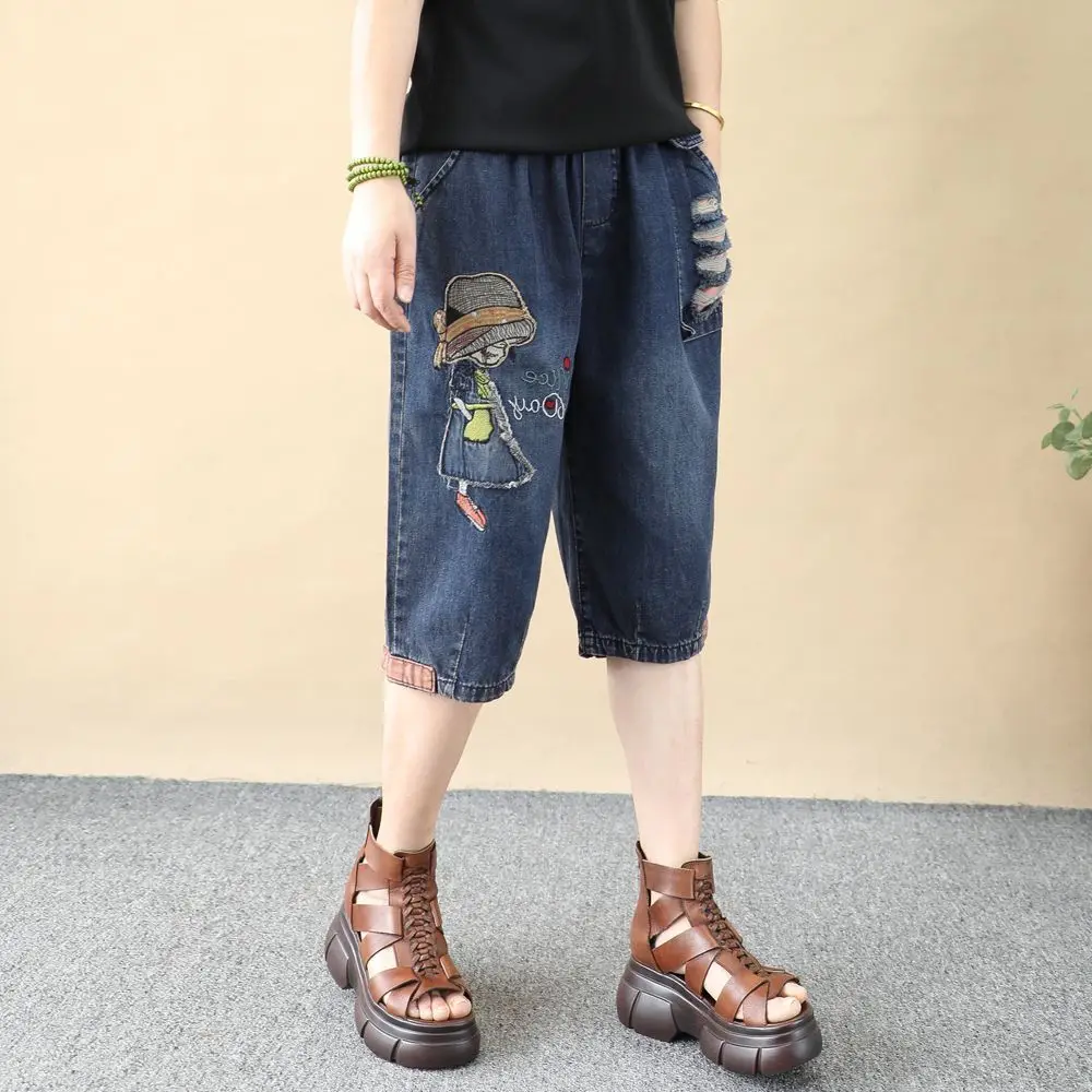Summer Jeans Retro Distressed Cartoon Girl Patchwork Capris Pant Women Loose Ripped High Waist Knee Length Denim Pants