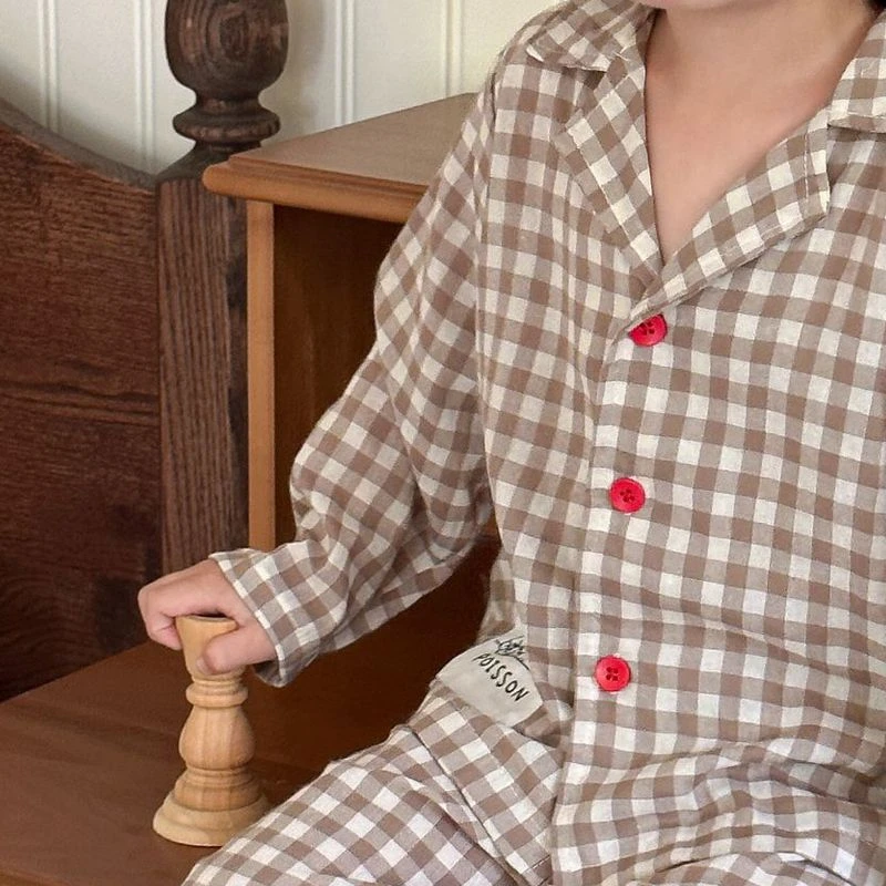 Boys girl pajamas home clothes pure cotton plaid 2024 new autumn long sleeved set comfortable trendy