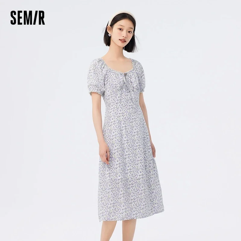 Semir Dress Women Split Chiffon Dress Romantic 2024 New Summer Mori Square Collar Fragmented Tea Break Dress