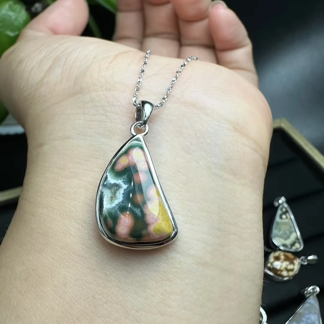 

1 Pc Fengbaowu Natural Ocean Jasper Pendant 925 Sterling Silver Frame Irregular Shape Reiki Healing Stone Jewelry Gift Men Women