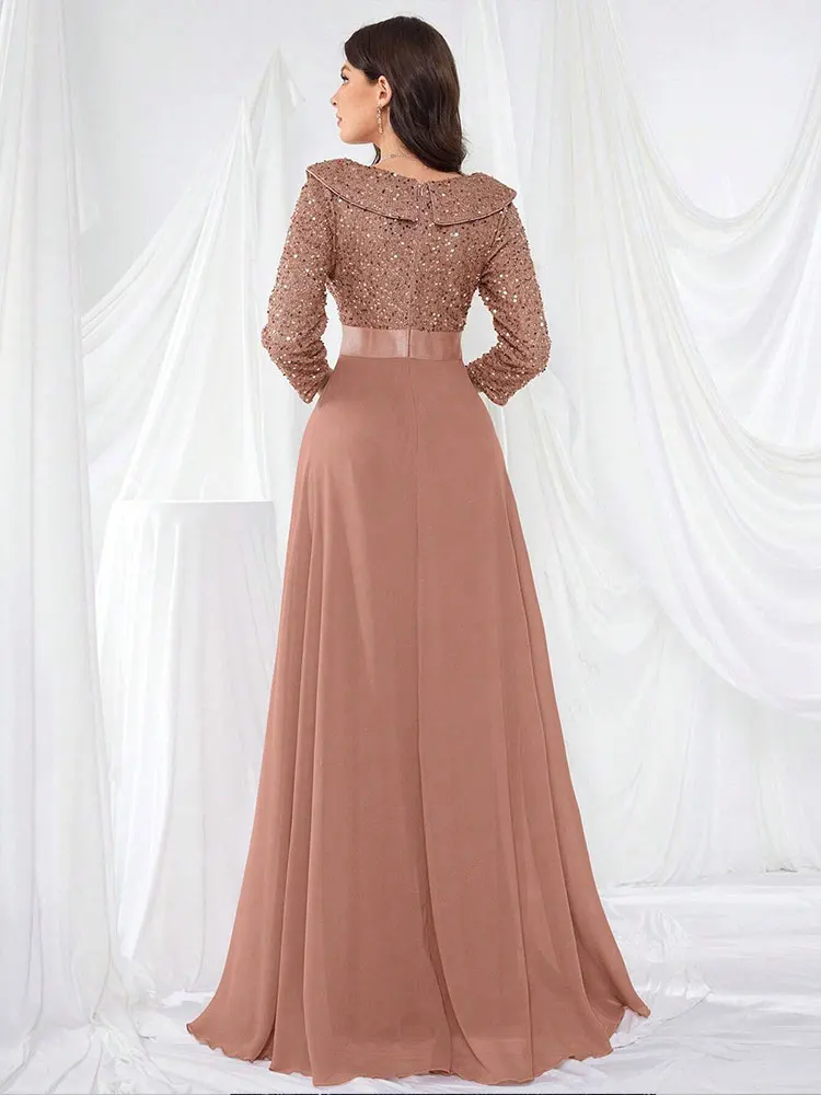 Long-sleeved V-neck sequined shiny chiffon floor-length evening dress autumn shiny bridesmaid banquet evening dress Prom Gown