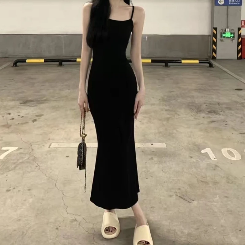 

HOUZHOU Sexy Women Bodycon Dress Casual Black Slim Backless Dresses Korean Long Sleeveless Dress Elegant Evening Party Midi Chic