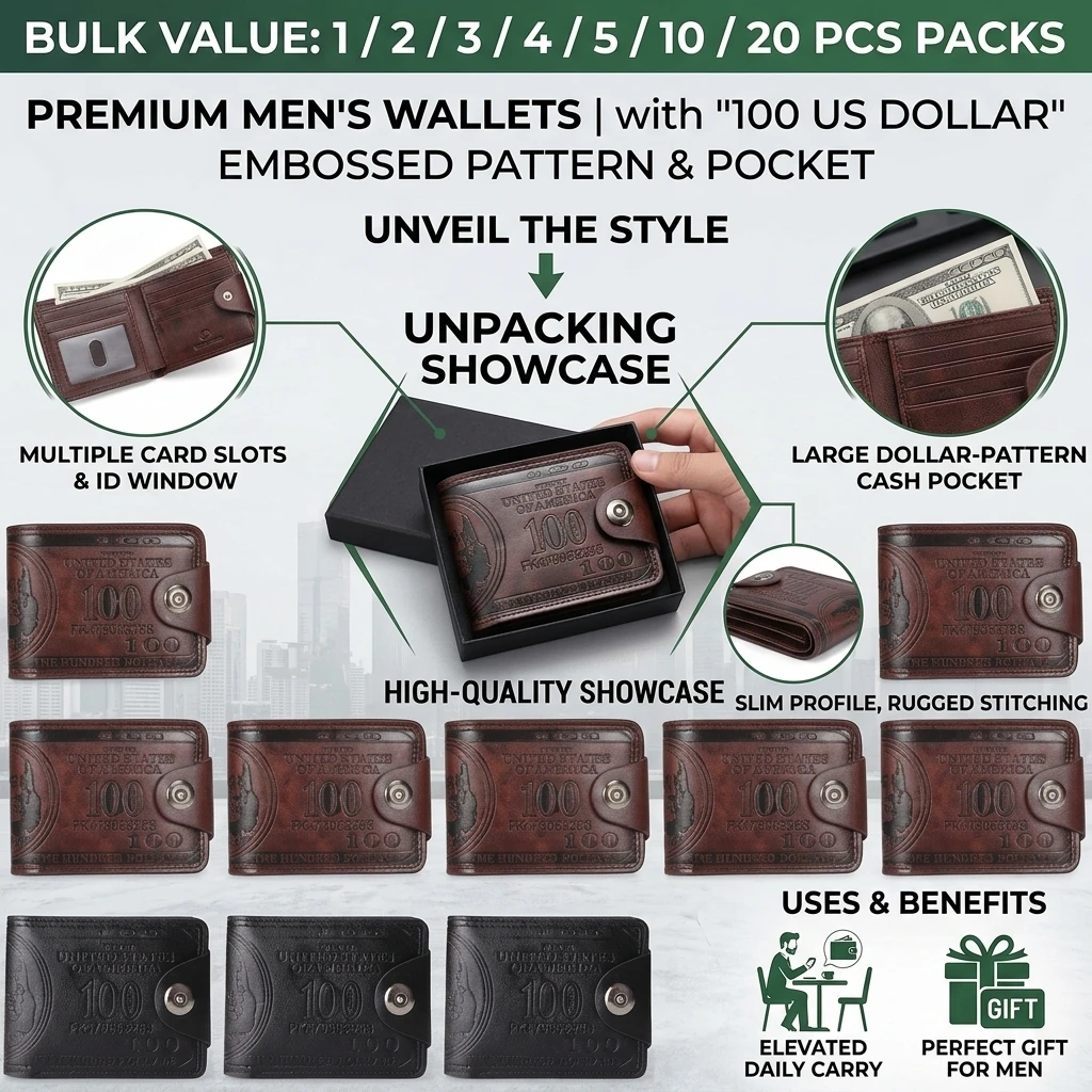 20個入り-メンズ財布-100ドル柄-ハスプ付き-男性用革財布-ジッパー付きカードホルダー-コインポケット付き財布-カルテラ・オンブレ