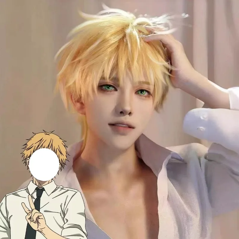 

Anime Denji Cosplay Wig Yellow Short Hair Artificial Wigs Role Play Props Accessories for Women Men Free HairNet Theme Party