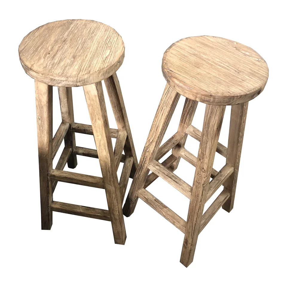 Chinese Style Farmhouse Recycle Antique Vintage Reclaimed Wooden Natural Raw Retro Bar Stool