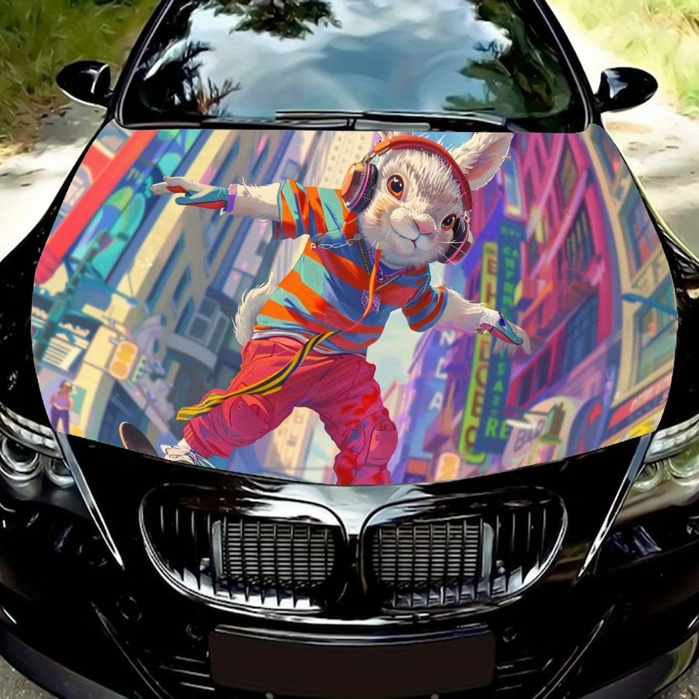 

Edgy Bunny Skateboarding Car Engine Hood Vinyl Wraps Sticker, Auto Exterior Device, Waterproof Self-adhesive Automotive Car Deca