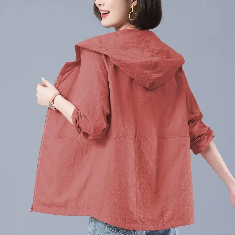 Spring Summer Hooded Jackets Women Casual Solid Color Nylon Thin Outerwear Basic Long Sleeves Tops Sun Protection Cardigan Z194