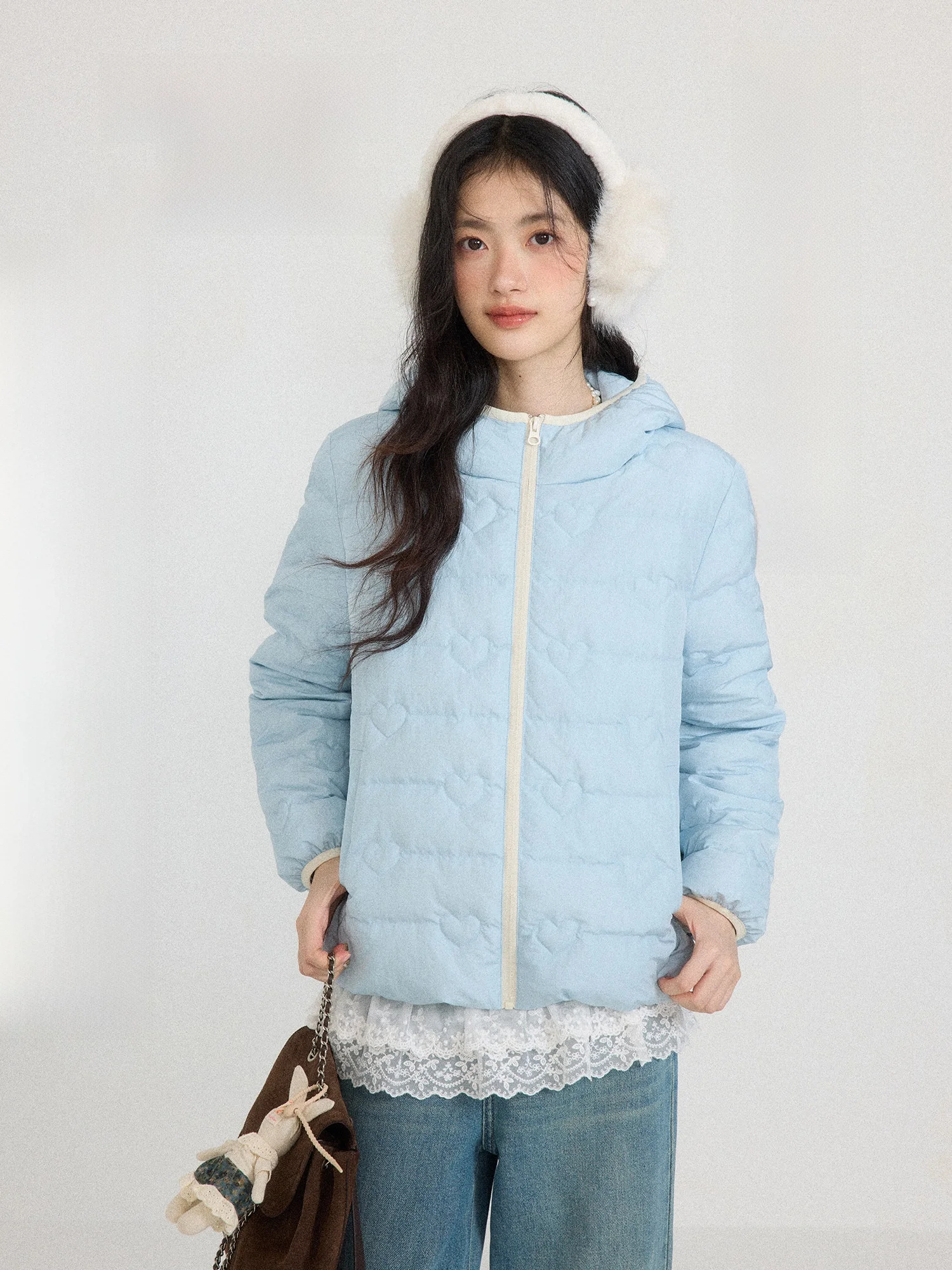 

Blue 90 White Duck down Short Coat Women's Zipper Hooded Jacket Warmth Retro Style Long Sleeve Regular Length Fashionable