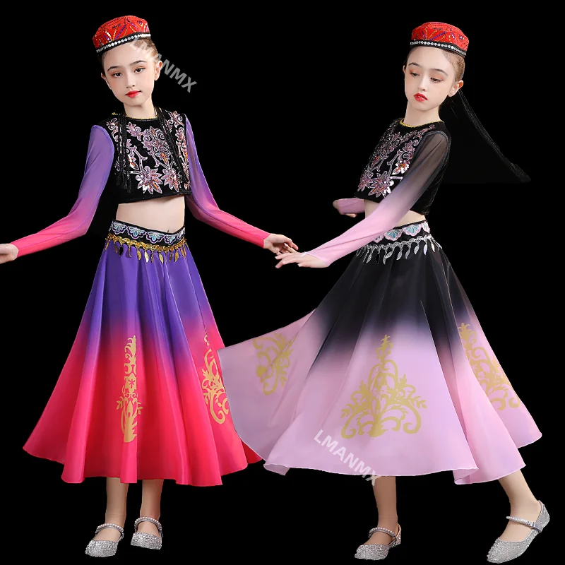 Traje de performance de dança xinjiang infantil, mãos inspiradas em 56 minoriais étnicas, saia grande de dança uigur