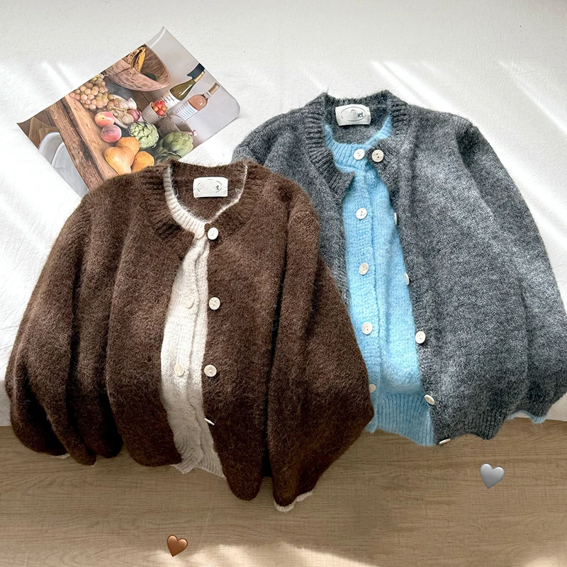 

Patchwork Fake 2-Piece Cardigans Korean Fashion Long Sleeve Women Sweater Sweety Warm Autumn Winter Jacket Coat Female 2025 New