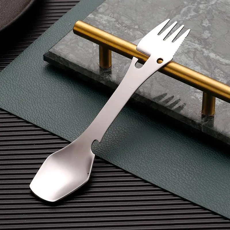 เดินป่าปิคนิคกลางแจ้งมัลติฟังก์ชั่นแบบพกพาสแตนเลสสตีลสปอร์คช้อนช้อนส้อมที่เปิดขวดช้อน